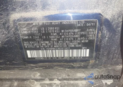 2011 Subaru Outback 2.5I Premium z USA, uszkodzony, nr VIN 4S4BRBCC9B3413421